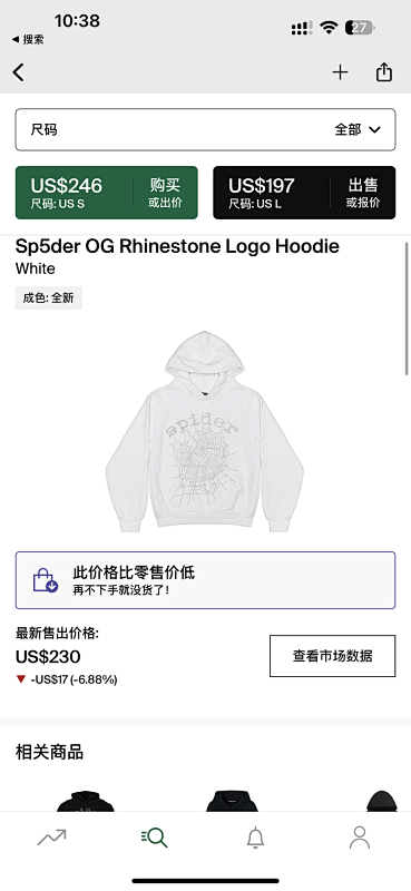 Sp5der 0G Rhinestone Logo Hoodie White