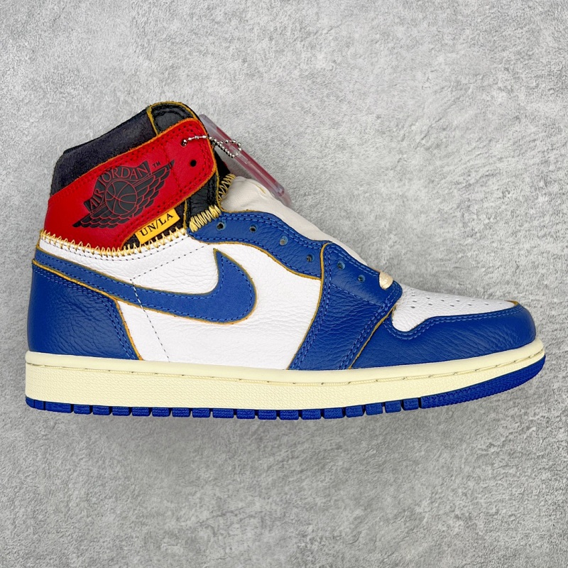AJ1 high top white, black, blue, and red stitching!