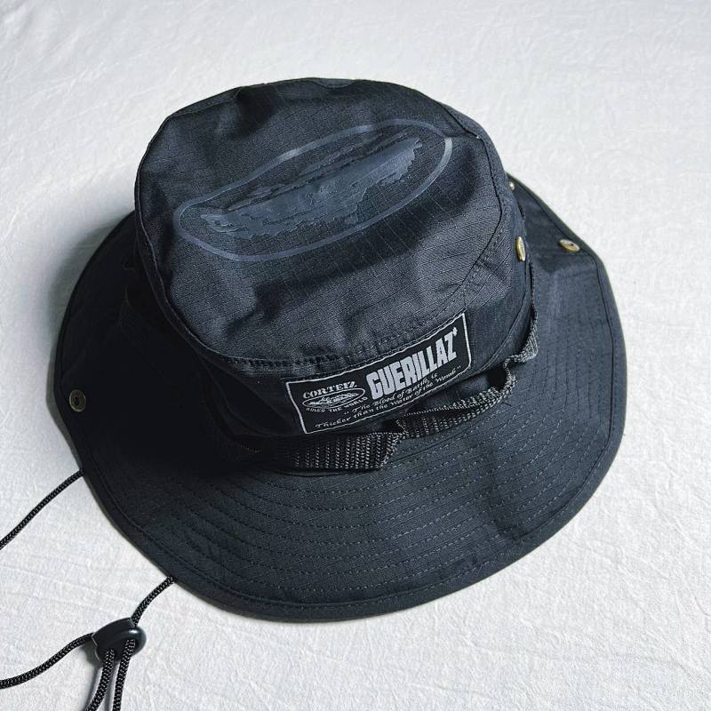 corteiz black black bucket hat
