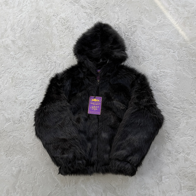 faux fur hooded jacket-black
