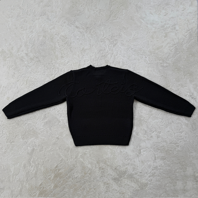 Crochet Applique Knit Crew- Triple Black