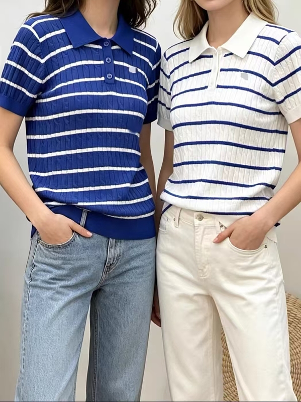 ##Two-Tone Striped Cable Knit Tee 066 P